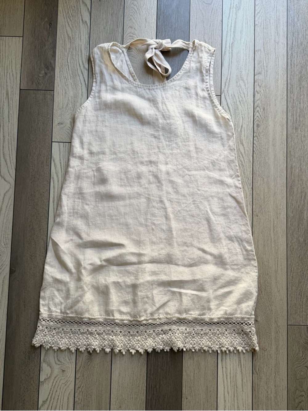 Rosemarine Made in Italy Cream Sleeveless Dress with Crochet Hem 100%linen M